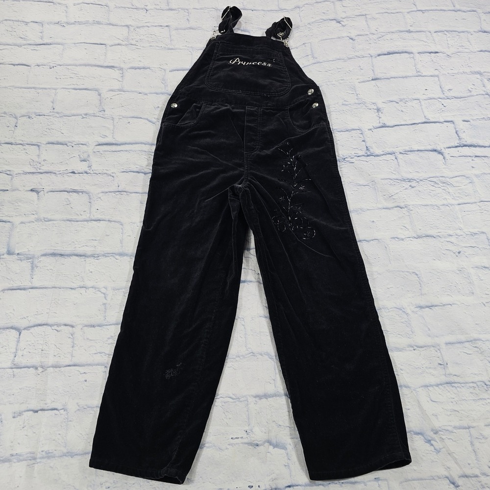 Disney Kids Girls 7/8 Velvet Overalls Black Princess Beaded Embroidery Y2K
